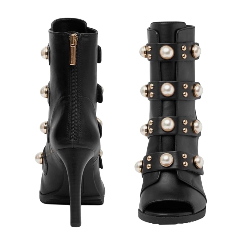 Karl Lagerfeld Brittie Pearl Studded Black Peep Toe Heeled Boot Size 6.5M - Picture 2 of 6
